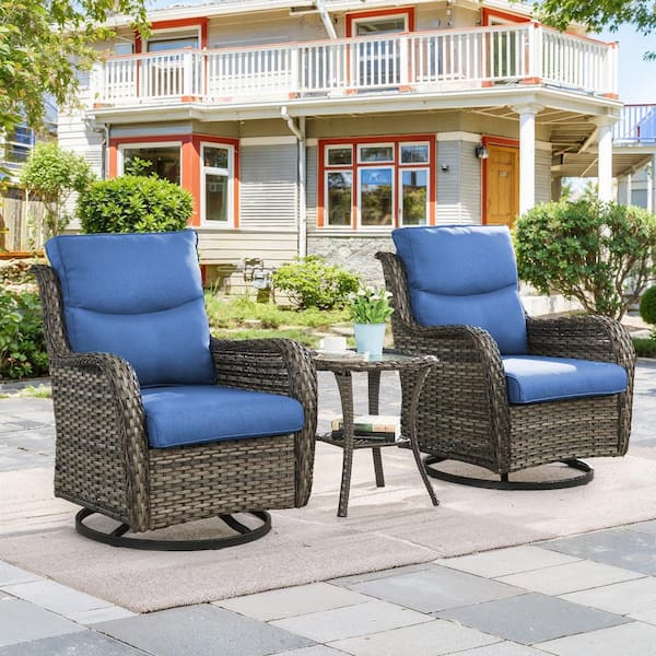 moosprr 3-Piece Gray Swivel Glider Wicker Outdoor Rocking Chair with Blue Cushions and Side Table