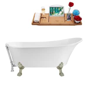 63 in. Acrylic Clawfoot Non-Whirlpool Bathtub in Glossy White With Polished Chrome Drain And Brushed Nickel Clawfeet