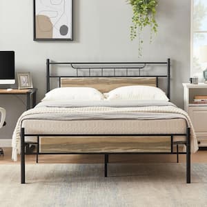 Industrial Bed Frame, Gray Metal Frame Queen Platform Bed with Wood Headboard and Footboard, Under Bed Storage