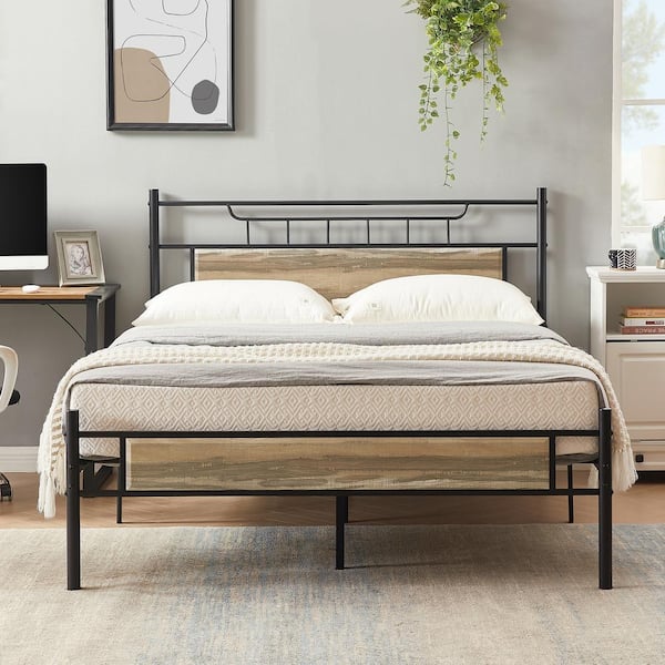 VECELO Industrial Bed Frame, Gray Metal Frame Queen Platform Bed with Wood Headboard and Footboard, Under Bed Storage