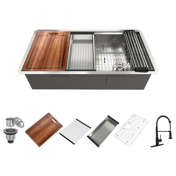 Boyel Living 36 in. Undermount Single Bowl Stainless Steel Kitchen Sink with Faucet, Cutting Board, Rolling Drying Rack and Colander