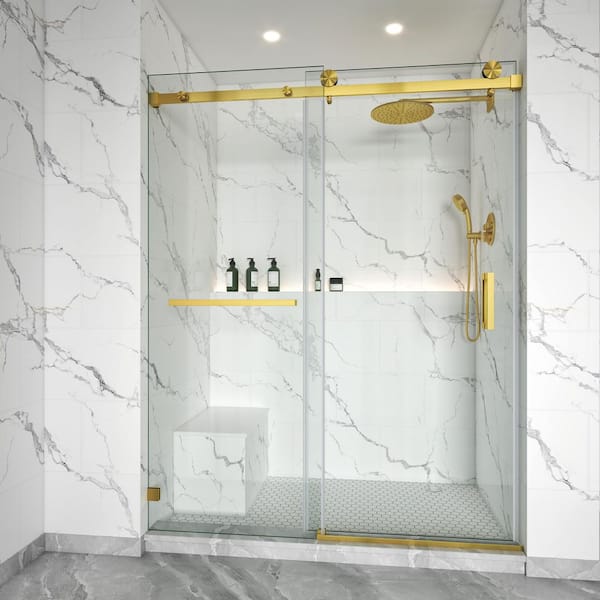 56-60 in. W x 79 in. H Single Sliding Frameless Shower Door Brushed Gold 3/8 in. Clear Glass with Towel Bar