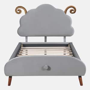 Gray Plywood Frame Twin Size Upholstered Platform Bed with Sheep-Shaped Headboard