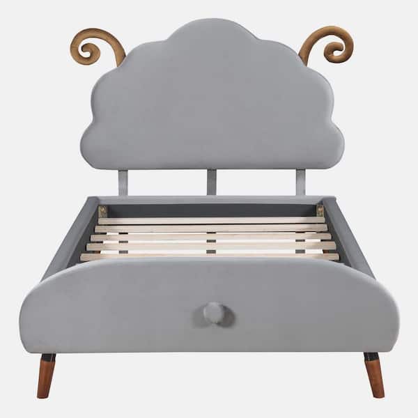 wetiny Gray Plywood Frame Twin Size Upholstered Platform Bed with Sheep-Shaped Headboard