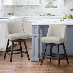 Hampton 26 in. Solid Wood Oyster Gray Swivel Bar Stools with Back Linen Fabric Upholstered Counter Bar stool Set of 2