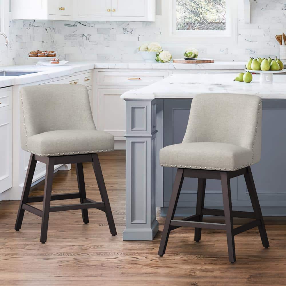 OrangeOne Hampton 26 in. Solid Wood Oyster Gray Swivel Bar Stools with ...