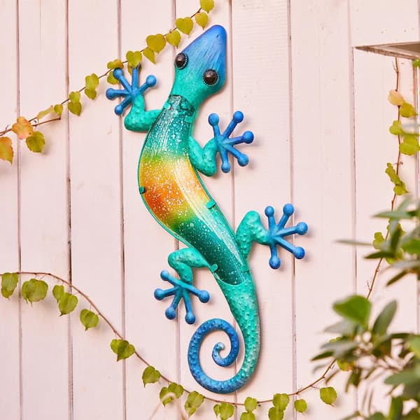 LuxenHome 24 in. Blue Gecko Lizard Metal and Glass Outdoor Wall Decor  WHAO1525 - The Home Depot