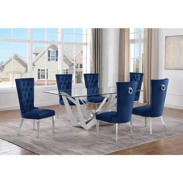 Best Quality Furniture Rae 7-Piece Rectangular Glass Top Stainless Steel Base Dining Set With 6 Navy Blue Velvet Chairs
