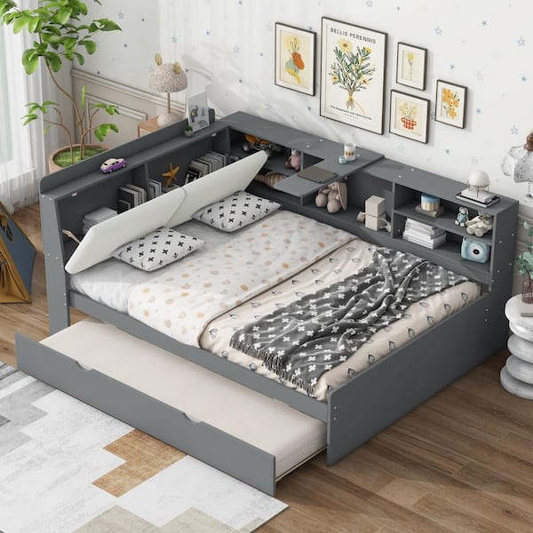 Harper & Bright Designs Gray Wood Frame Full Platform Bed with Rotatable Board, Linen Hidden Storage Headboard, Shelves, Twin Trundle
