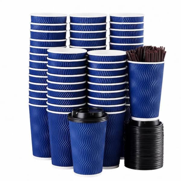 16 oz. Disposable Coffee Cups with Lids and Straws, Leak-Free Insulated Paper Kitchen Togo Hot Coffee Cups (Set of 90)