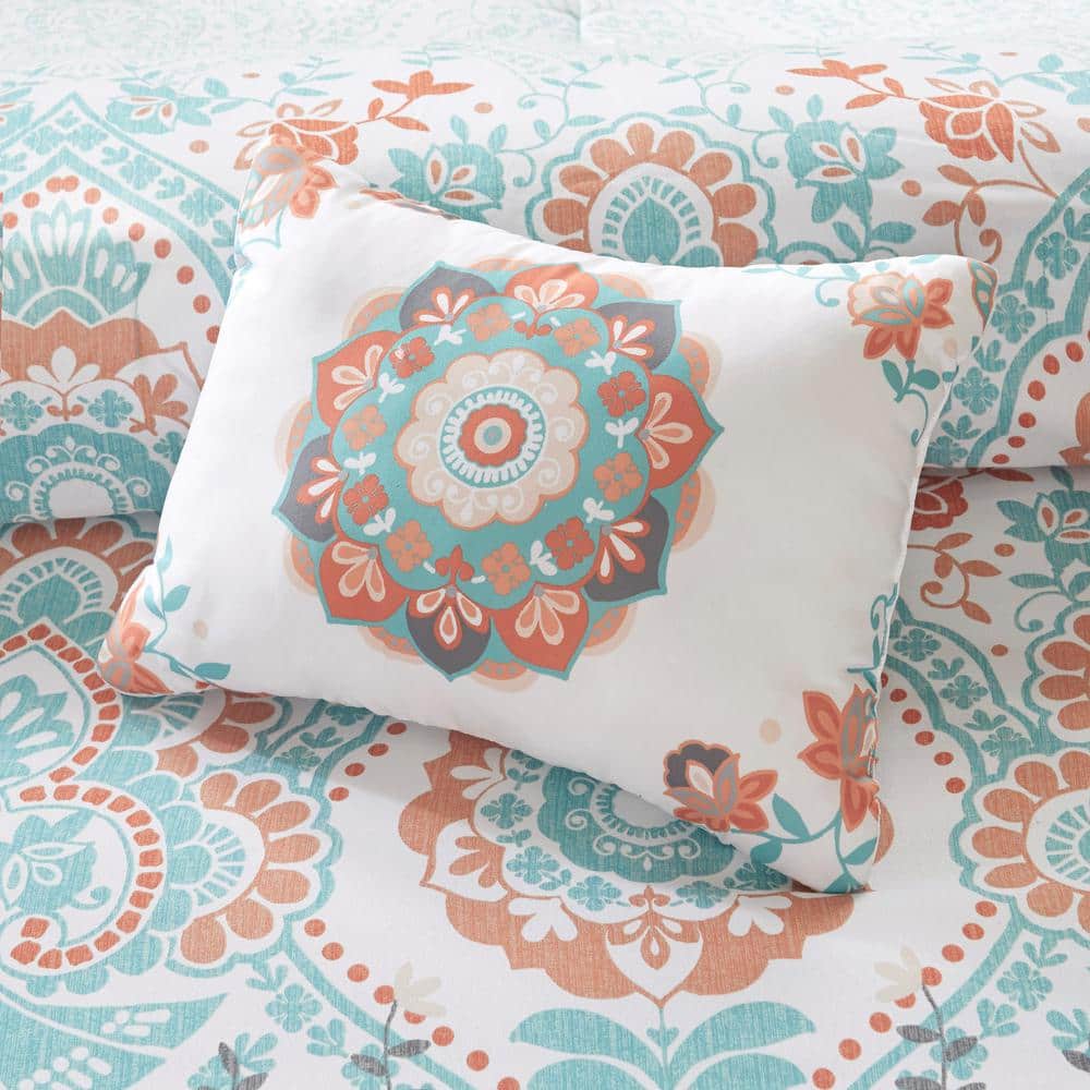 Twin Aqua and Orange Microfiber Boho Bed in a Bag Set