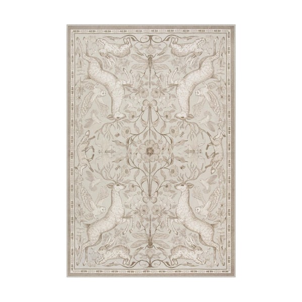Modern Woodland Animal Deer Botanical Washable Non Slip Beige 6 ft. x 9 ft. Living Room Bedroom Kids Room Area Rug