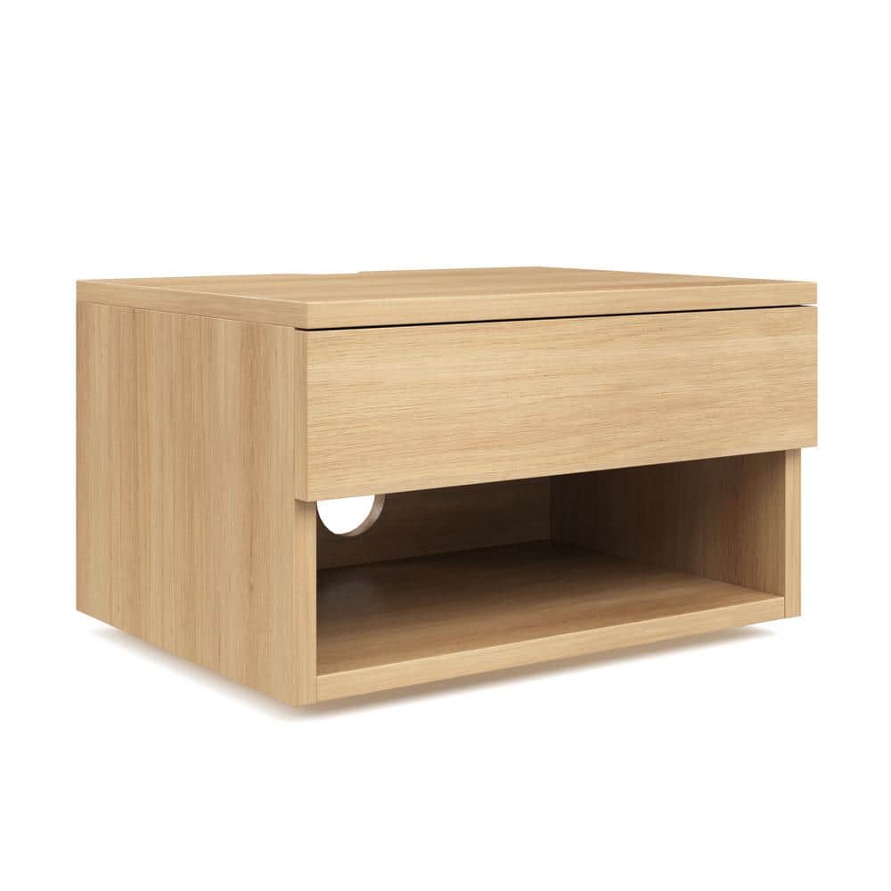 Light Oak Floating Nightstand with Drawer and Open Shelf, Set of 2