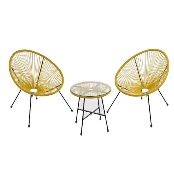 WELLFOR Bright Yellow 3-Piece Wicker Patio Conversation Set Egg Chair Set