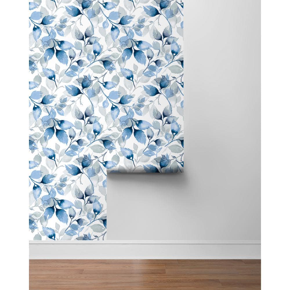 Blue Lagoon Watercolor Tossed Leaves Peel and Stick Vinyl Wallpaper