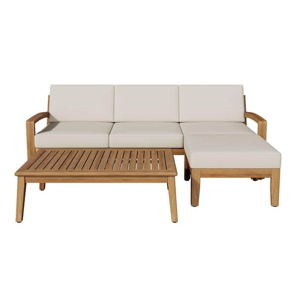 Outdoors. It's beige. 5 piece sofa set. Wood. The sofa. white. Outdoor. Sectional. with backrest Cushion.