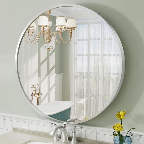 Apmir 32 in. W x 32 in. H Round Aluminum Alloy Framed French Cleat Mounted Wall Decor Bathroom Vanity Mirror in Matte Silver