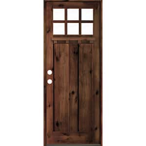 36 in. x 96 in. Craftsman Alder Clear 6-Lite Red Mahogany Stain Wood/Dentil Shelf Right Hand Single Prehung Front Door