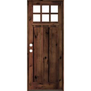 32 in. x 96 in. Craftsman Knotty Alder Right-Hand/Inswing 6-Lite Clear Glass Red Mahogany Stain Wood Prehung Front Door