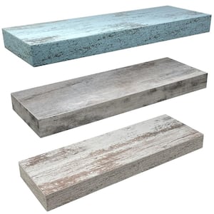 5.5 in. x 16 in. x 1.5 in. Rustic Blue, White and Gray Distressed Wood Decorative Wall Shelves with Brackets (3-Pack)