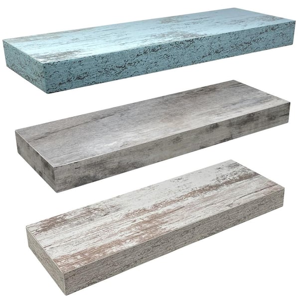 Sorbus 5.5 in. x 16 in. x 1.5 in. Rustic Blue, White and Gray Distressed Wood Decorative Wall Shelves with Brackets (3-Pack)