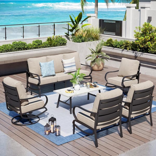PHI VILLA Metal Slatted 7-Seat 6-Piece Outdoor Patio Conversation Set with Beige Cushions, Table with Marble Pattern Top