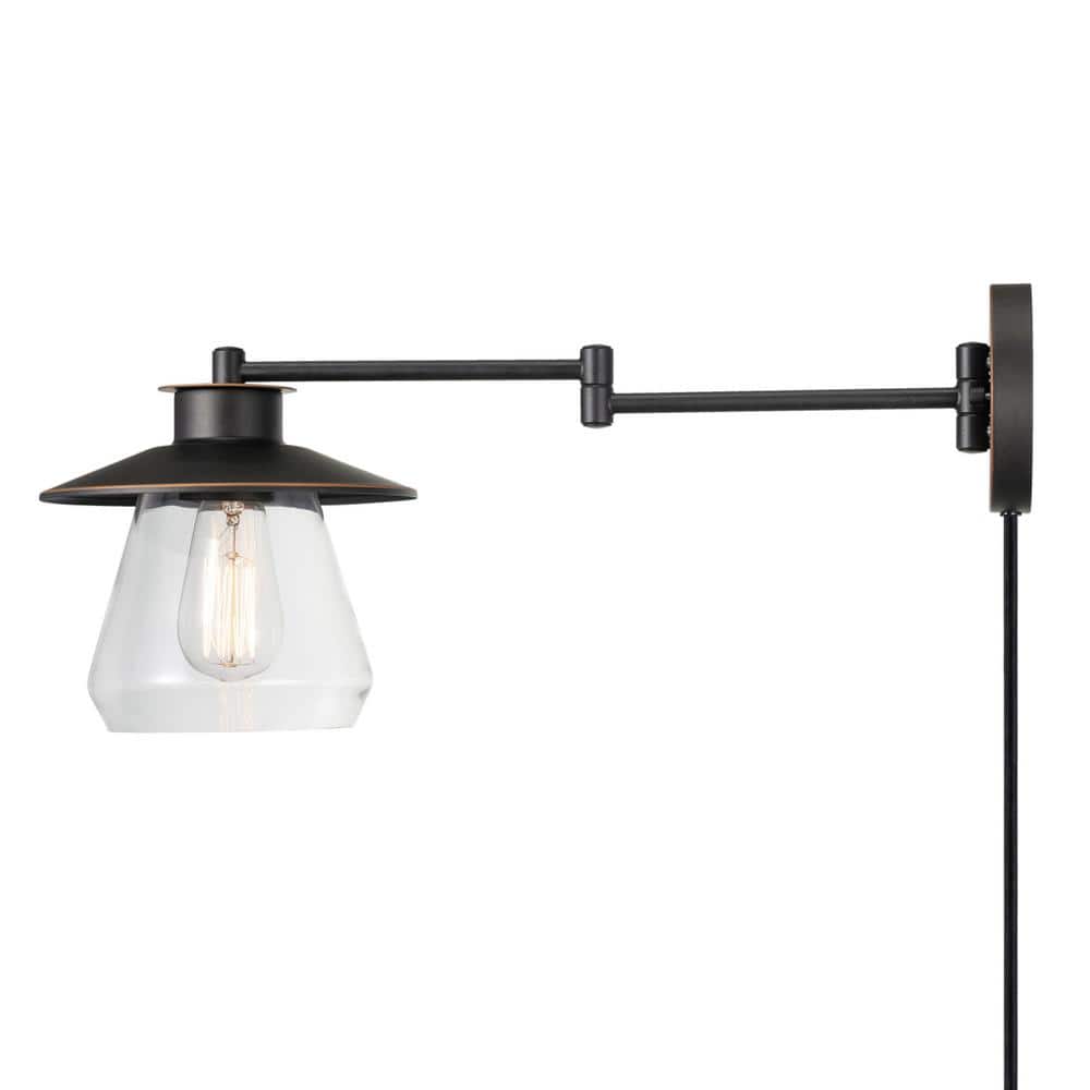 Nate 1-Light Oil Rubbed Bronze Plug-In or Hardwire Wall Sconce with Clear G