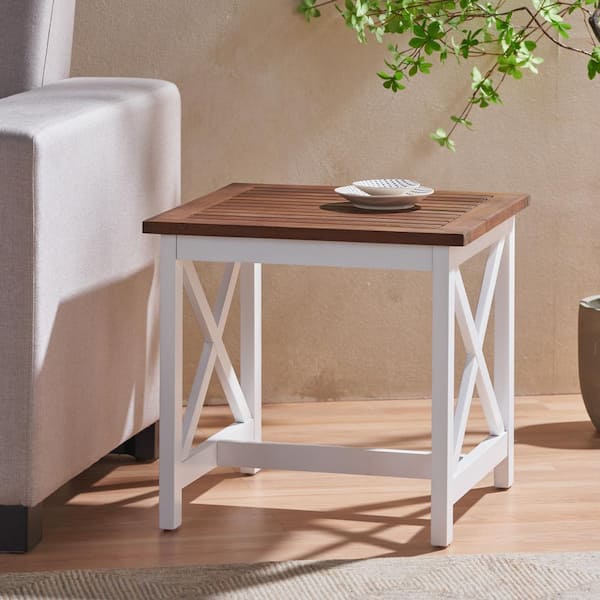 White Brown 20 in. Square Acacia Wood Outdoor Side Table
