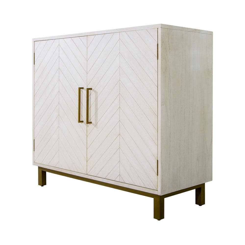 Gray Chevron Pattern Solid Wood Accent Cabinet with Brass Hardware
