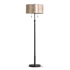 Grande 68 in. Dark Bronze 2-Lights Adjustable Height Standard Floor Lamp with Drum Mica Shade
