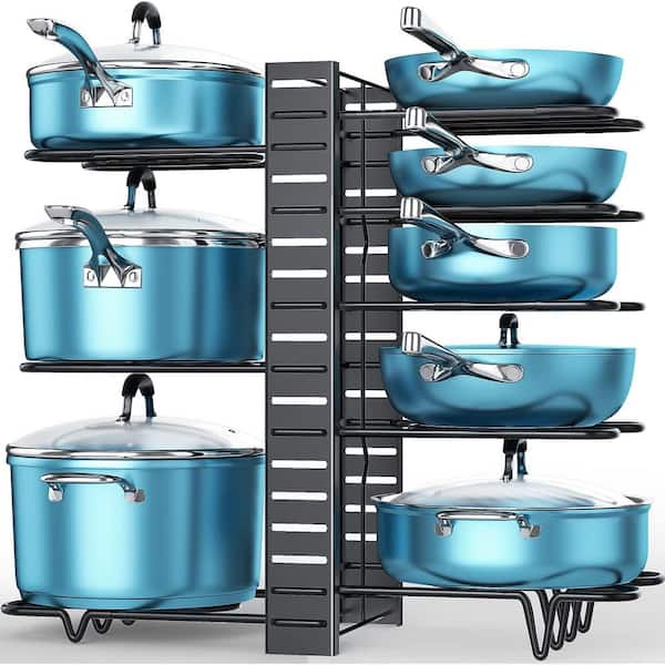 8 Tier Black Pot and Pan Organizer Rack for kitchen Cabinet Storage, Adjustable Organizer for Pots, Pans and Lids