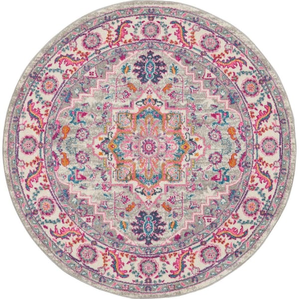 Nourison Passion Light Grey/Pink 5 ft. x 5 ft. Persian Medallion Transitional Round Area Rug