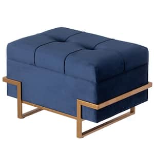 Blue Small Rectangle Velvet Storage Ottoman Stool Box with Abstract Golden Legs, Decorative Sitting Bench