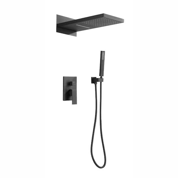 FORCLOVER 2-Spray Waterfall High Pressure Wall Mounted Shower System with Handheld Shower in Matte Black