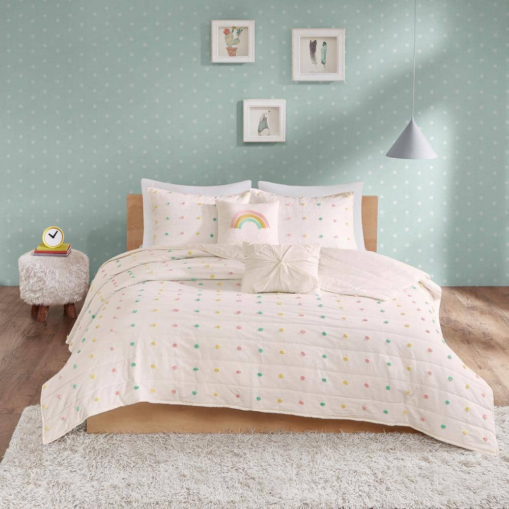 Callie Pom Pom Cotton Jacquard Full/Queen Quilt Set in Cream/Aqua/Teal