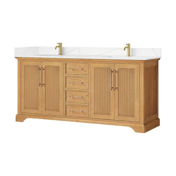 Tokyo 72 in. W. x 22 in. D x 44 in. H Double Bath Vanity in Oak Natural Brown with Silk White Quartz Stone Top