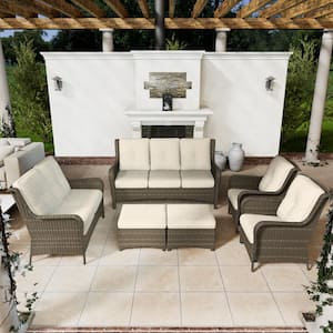 6-Piece Steel Outdoor Patio Conversation Seating Set Backyard Garden with Beige Cushions