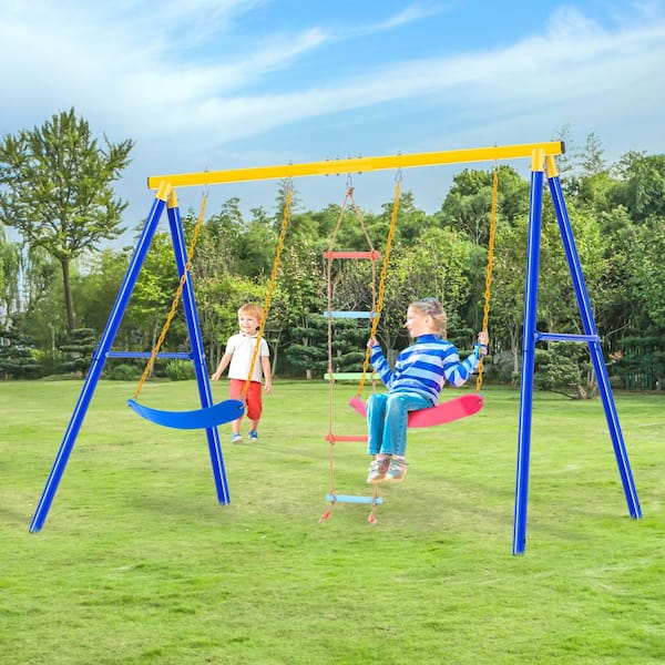 Unbranded LN20232334 Metal Outdoor Swing Set with Climbing Ladder in Blue - 2
