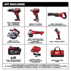 M18 18V Lithium-Ion Cordless Combo Kit with Two 3.0Ah Batteries (4-Tool) with 6-1/2 in. Circular Saw & Grinder