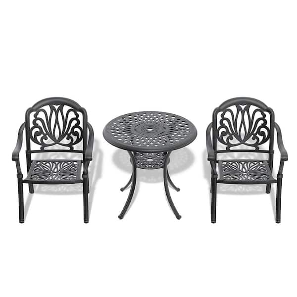 BTMWAY 3-Piece Cast Aluminum Patio Furniture Set Outdoor Bistro Set with Random Color Cushions and Umbrella Hole