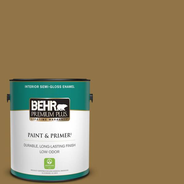 BEHR PREMIUM PLUS 1 gal. #350D-7 Cattail Brown Semi-Gloss Enamel Low Odor Interior Paint & Primer