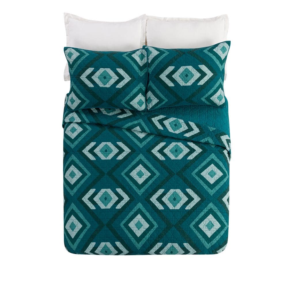 Teal and Aqua Cotton Full/Queen Quilt Set with Geometric Pattern