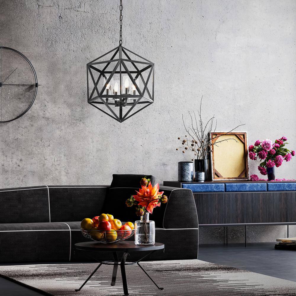 Antique Black Geometric Cage Chandelier with Glass Shades
