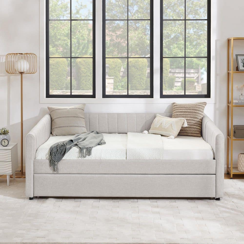 Beige Full Size Modern Linen Upholstered Daybed with Trundle