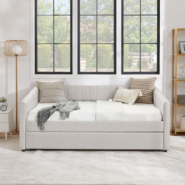 Beige Full Size Modern Linen Upholstered Daybed with Trundle