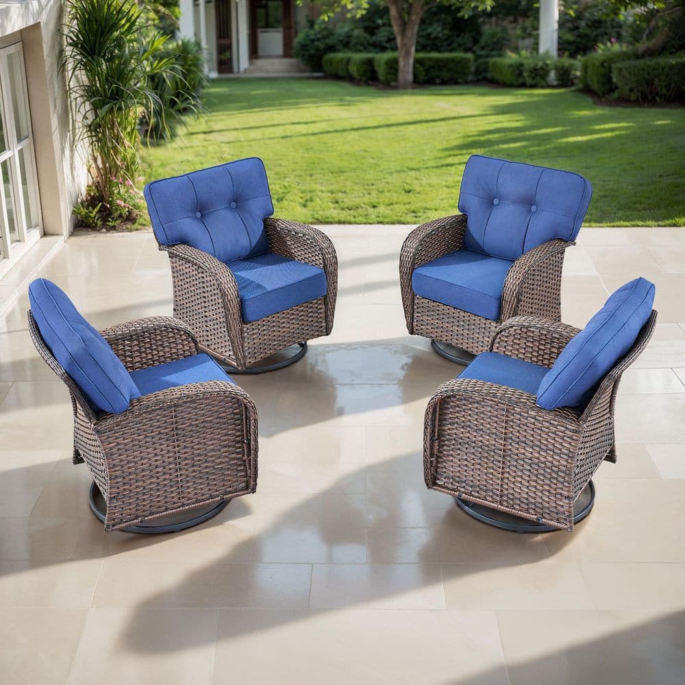 TWrap Brown Wicker Outdoor Rocking Chair Patio Swivel Glider with 5 in. Thick Navy Blue Box-Edge Cushions (4-Pack) price history on PriceWatchPro
