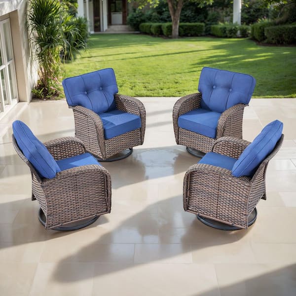 TWrap Brown Wicker Outdoor Rocking Chair Patio Swivel Glider with 5 in. Thick Navy Blue Box-Edge Cushions (4-Pack)