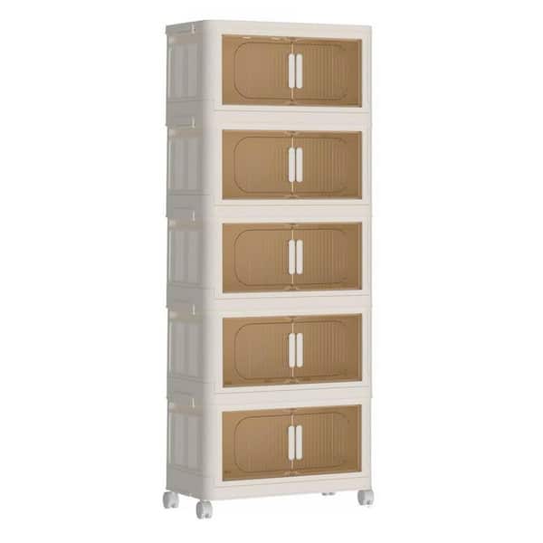 5 Tiers Kitchen Pantry Folding Storage Cabinet, Collapsible Storage Bins with Magnetic Door, Wheels, Cream White