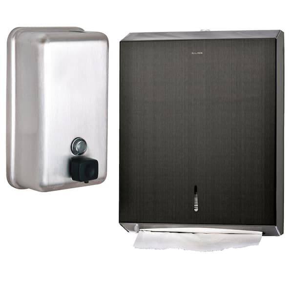 Alpine Industries Stainless Steel Nickle C-Fold/Multi-Fold Paper Towel Dispenser and Vertical Manual Commercial Soap Dispenser Combo