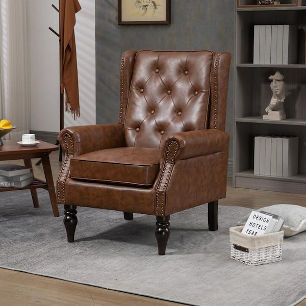 Brown Modern PU Leather Accent Chair, Solid Wood Frame Arm Chair with Rivets for Living Room or Bedroom